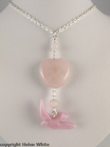 Rose quartz heart pendant with polymer clay bird - copyright Helen White
