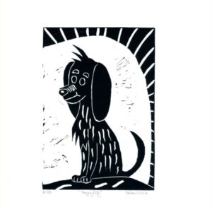 Handprinted happy Dog lino print 10 Happy Dog lino print.