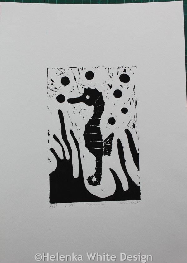 The making of my Seahorse lino print. 6 Seahorse test print - too much ink used.