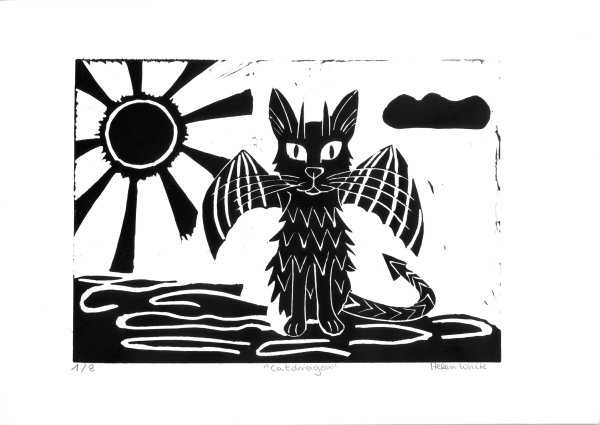 Catdragon lino print