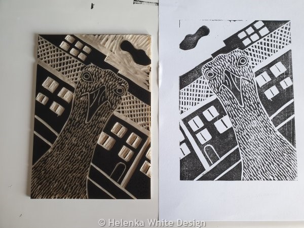 Seagull lino print proof