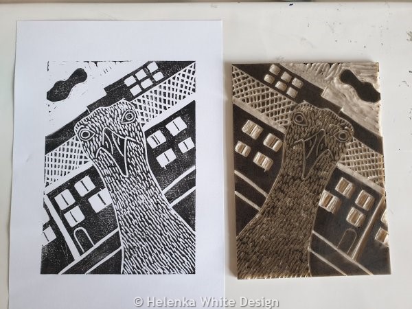 Seagull lino print proof