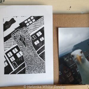 Seagull lino print proof with seagull photo